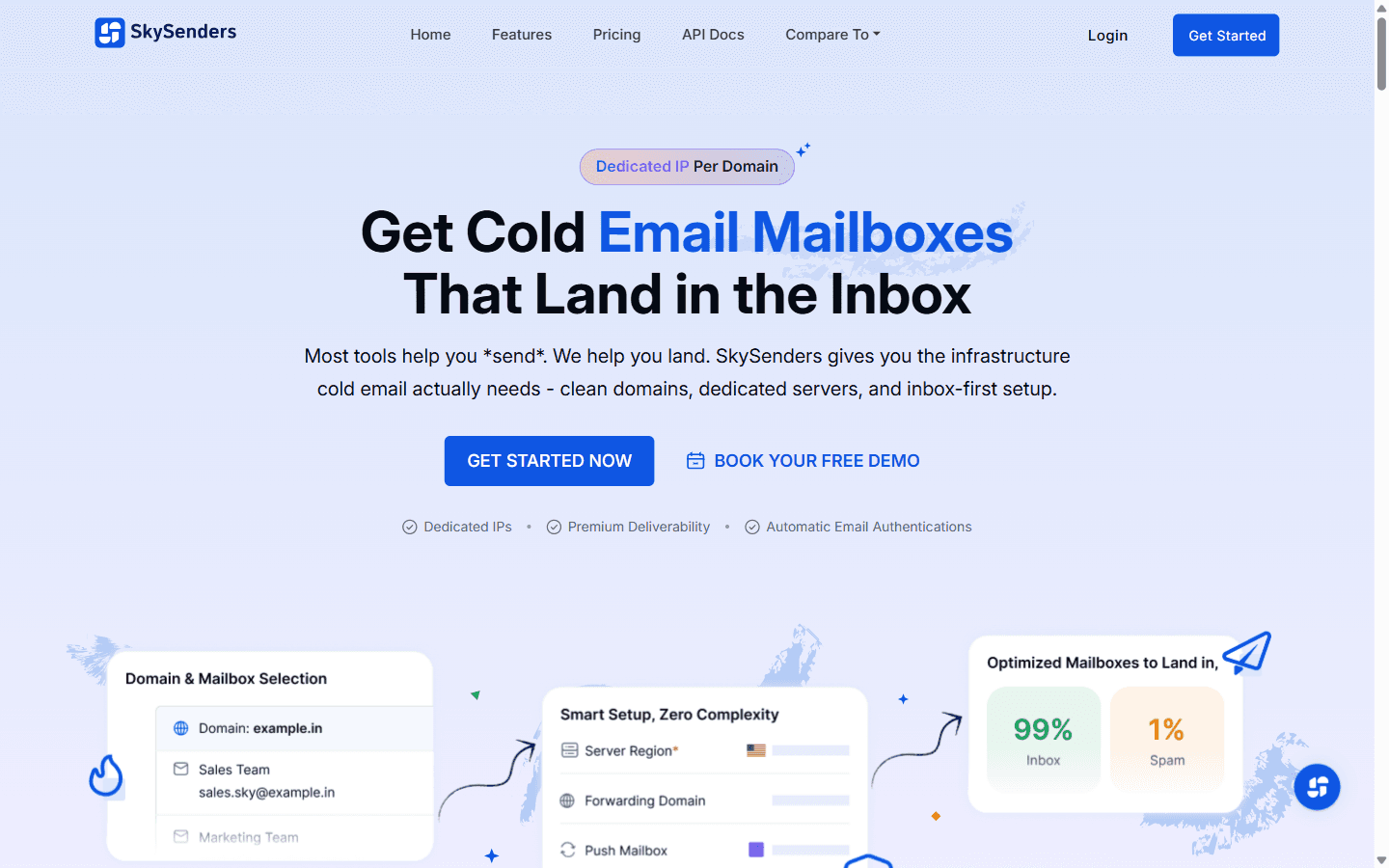 SkySenders homepage advertising a cold email platform with 99% inbox delivery and dedicated server per domain
